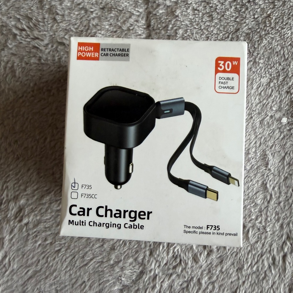 Car Charger Universal Black Retractable Dual USB-C Lightning 30W